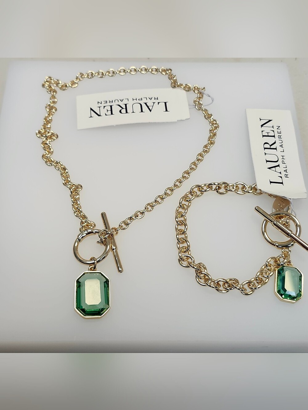 NWT Ralph Lauren Gold-Tone Green Stone Pendant/Bracelet Set